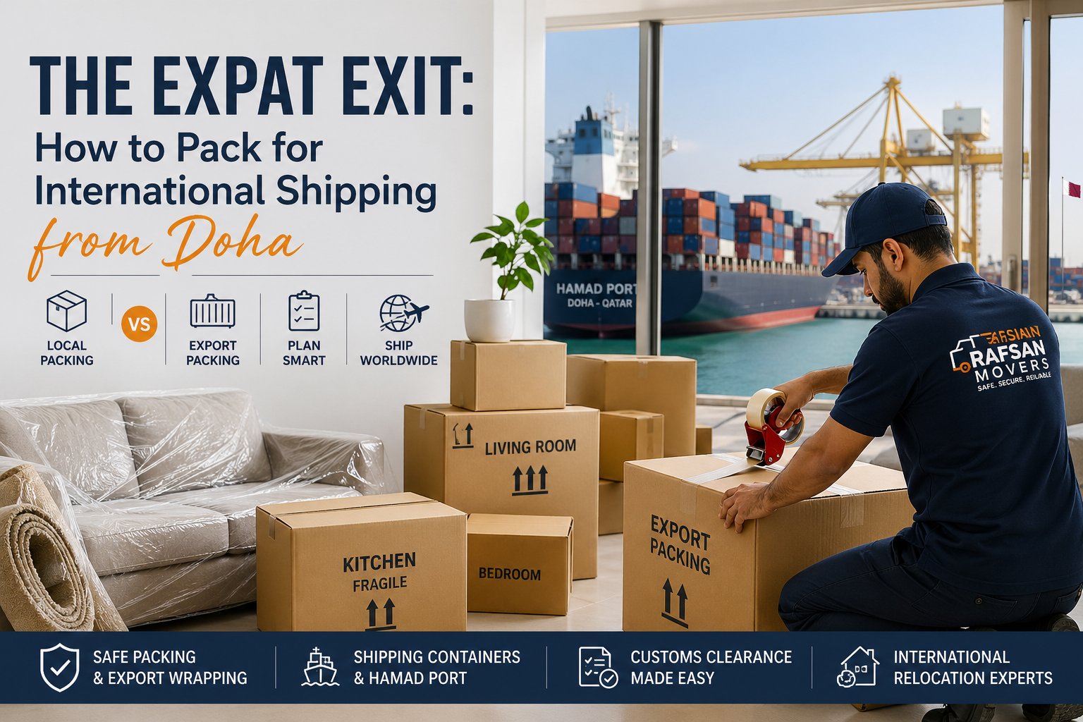 Expat packing boxes for international shipping from Doha with export wrapping, shipping containers at Hamad Port, and professional movers preparing items for relocation