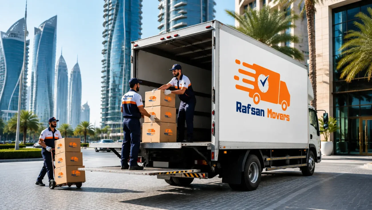 Rafsan Movers in a modern cityscape, showcasing professional relocation services with secure packing, efficient transport, and trusted moving solutions for urban homes and offices.