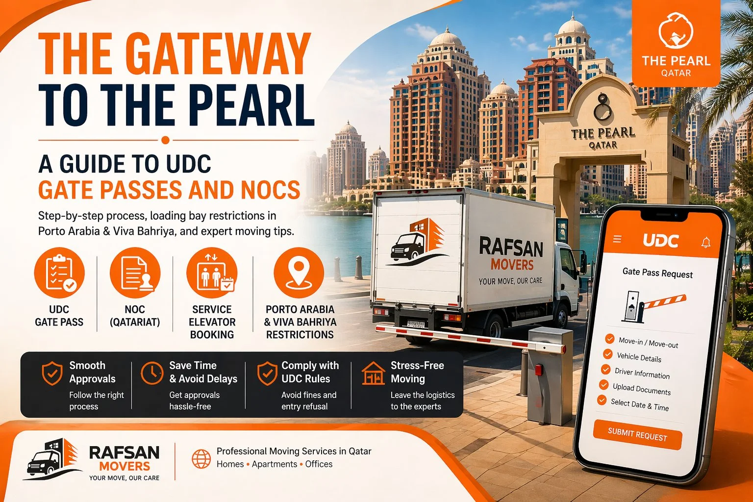 UDC gate pass moving guide for The Pearl Qatar — covering Porto Arabia and Viva Bahriya relocation requirements, trusted movers assisting with documentation, access permits, and smooth house shifting services in Doha.