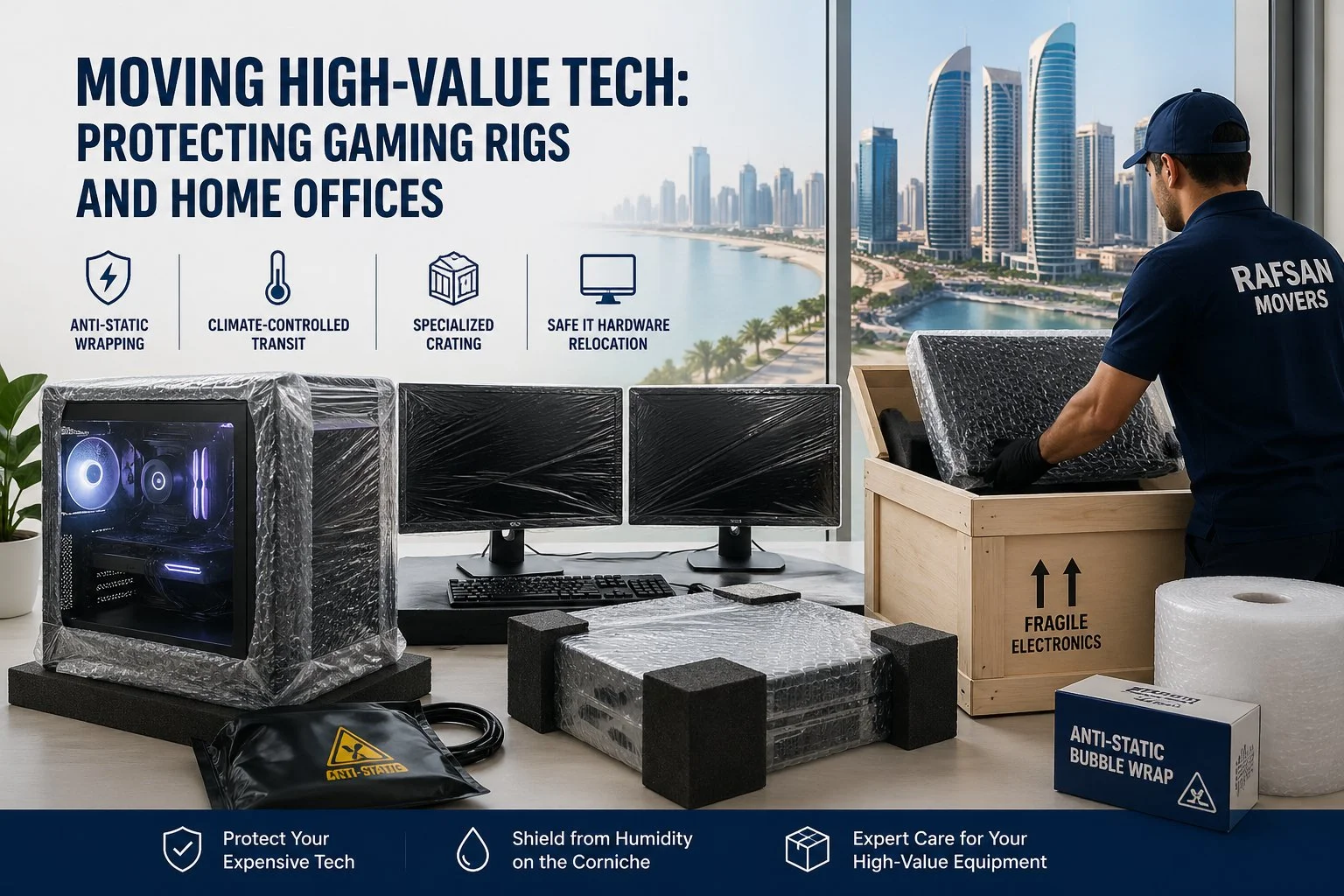 Moving high-value tech with anti-static wrapping, dual monitors, gaming PC, and professional packing for safe IT hardware relocation in coastal city