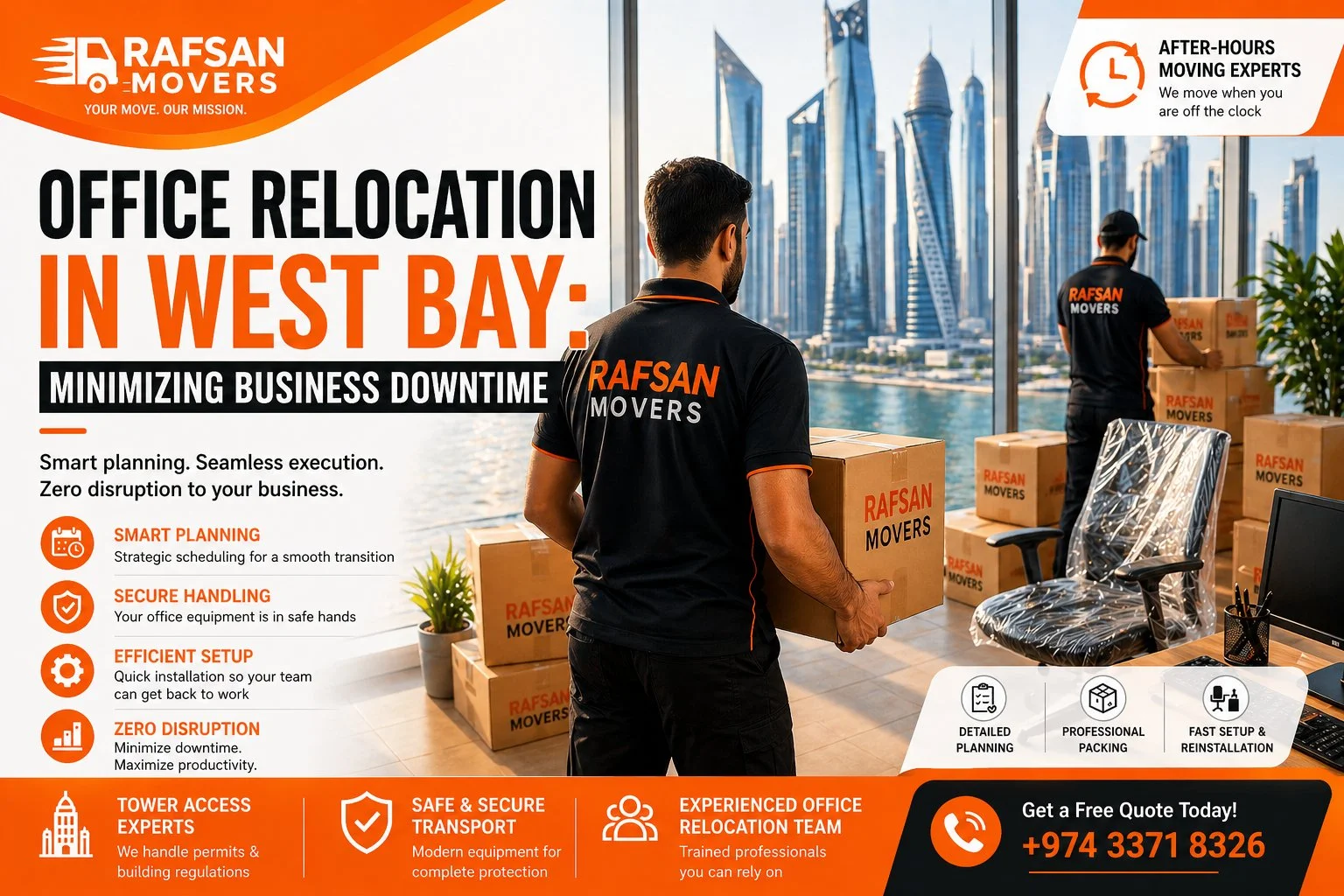 West Bay office relocation planning guide, outlining step‑by‑step strategies for moving corporate spaces in Doha’s business district, including logistics, packing, and setup for a smooth transition.