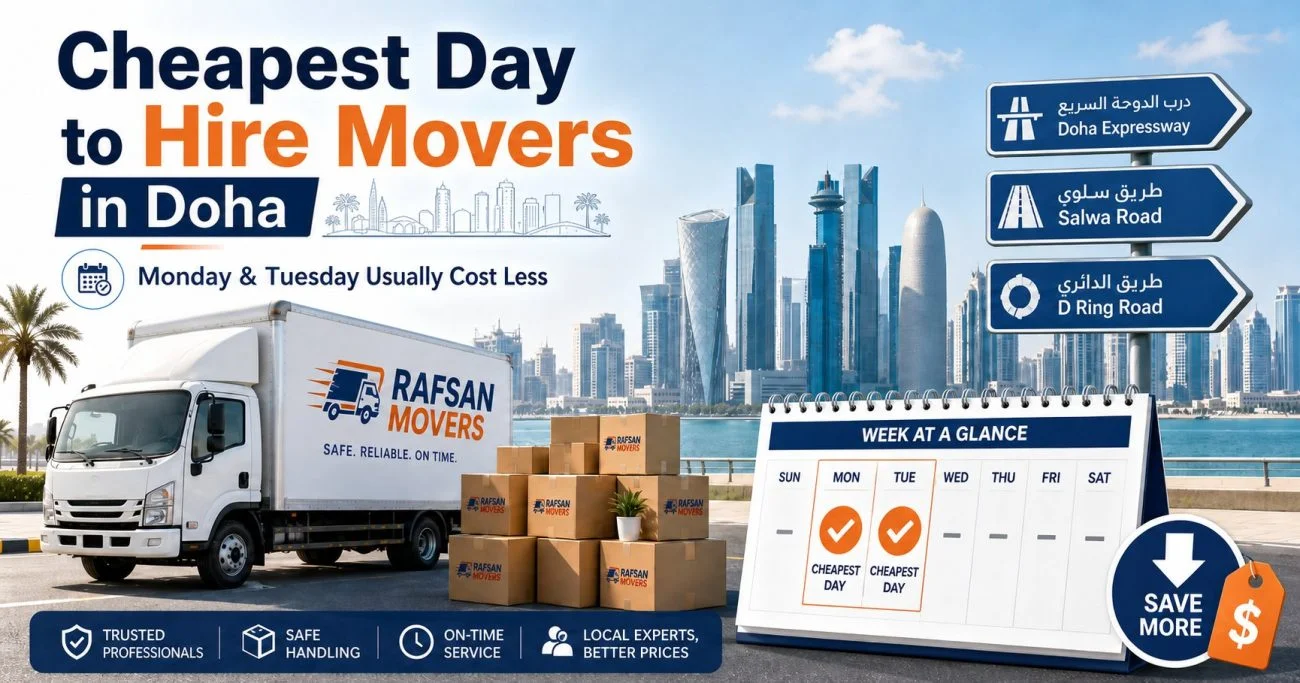 Rafsan Movers truck in Doha with calendar showing Monday and Tuesday as the cheapest days to hire movers