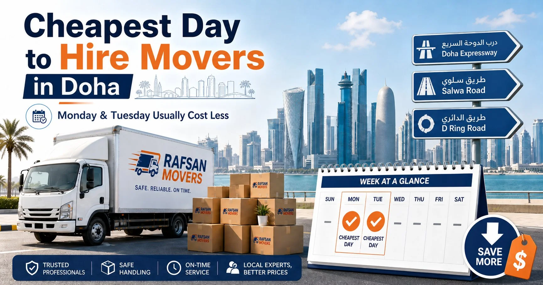 Rafsan Movers truck in Doha with calendar showing Monday and Tuesday as the cheapest days to hire movers