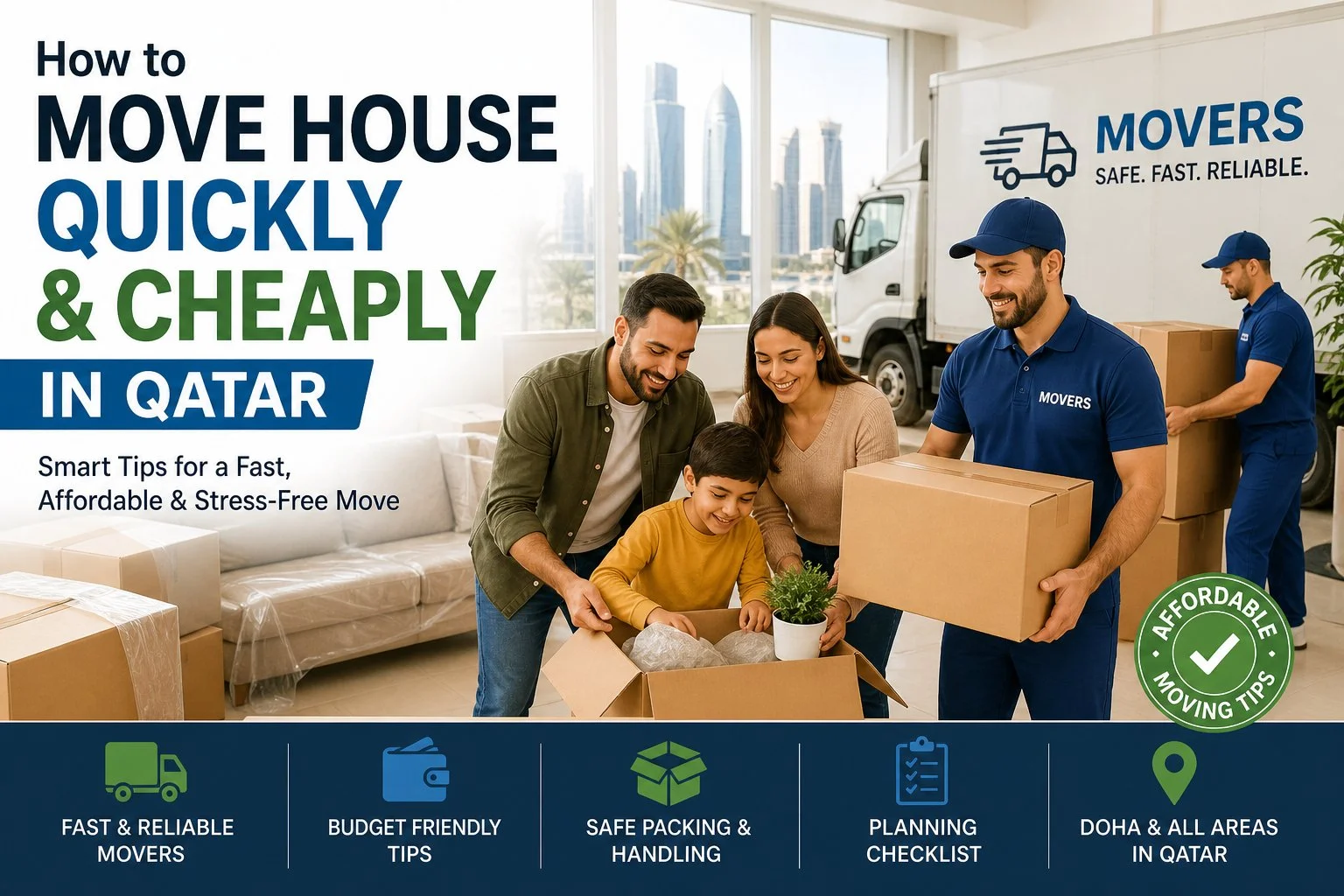 Professional movers helping a family move house quickly and cheaply in Qatar with safe packing and affordable relocation support.