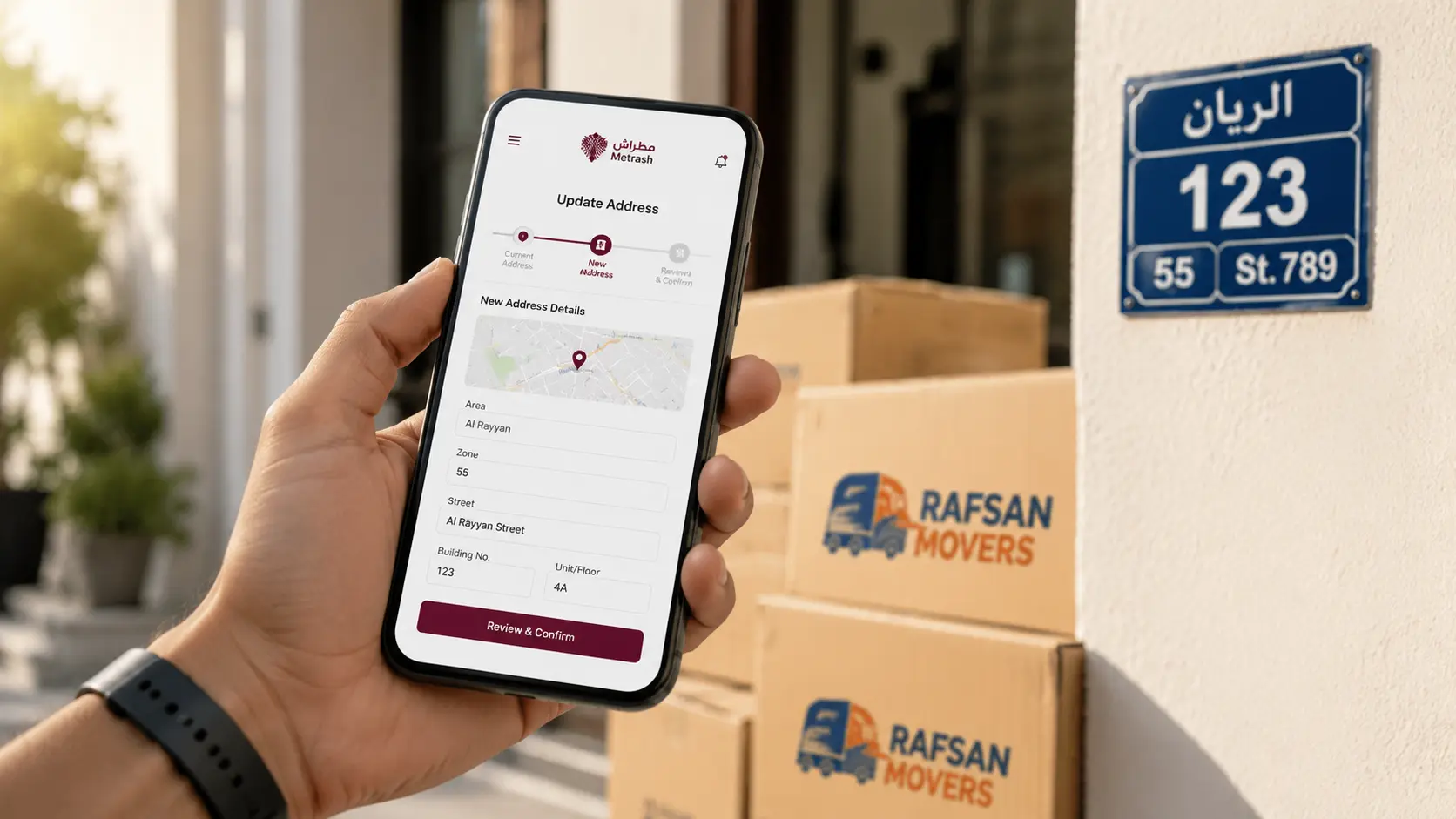 Hand holding a smartphone updating a new address through a Qatar digital government service while moving boxes and a Qatar building address plate are visible in the background.