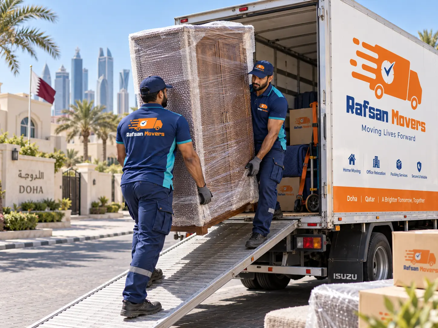 Rafsan Movers loading household items in Doha — professional moving company providing secure packing, careful transport, and trusted home relocation services in Qatar